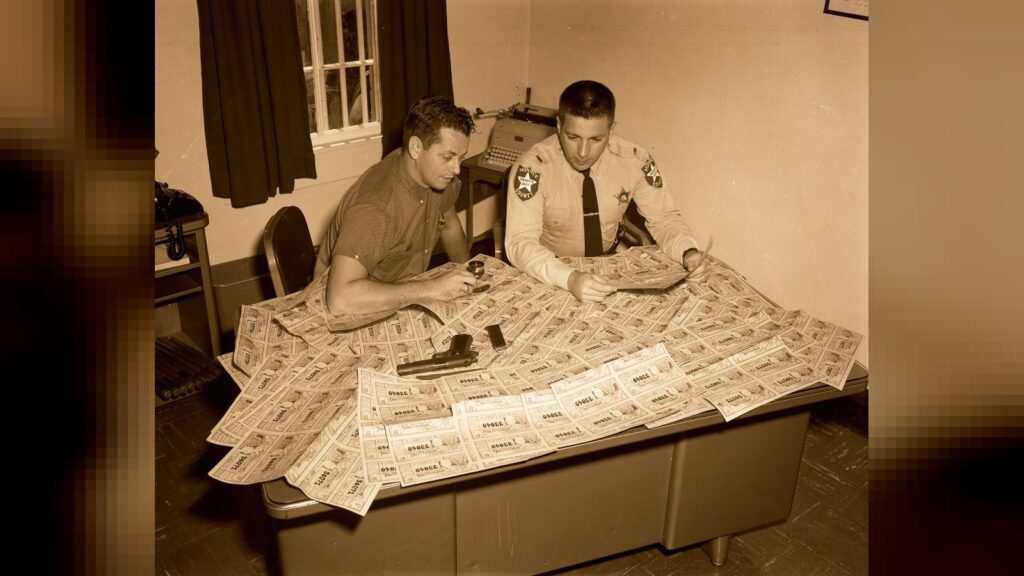 A Monroe County Deputy looking at fake Cuban lottery tickets C 1960.