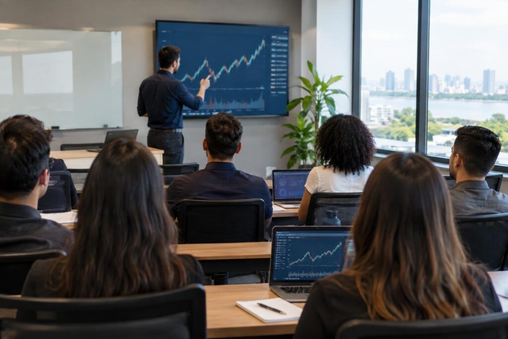 Sala de treinamento corporativo com várias pessoas sentadas de costas assistindo a um homem que apresenta gráficos financeiros em uma grande tela, com janela mostrando vista para a cidade.
