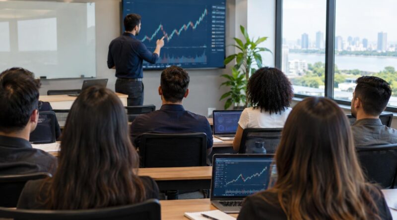 Sala de treinamento corporativo com várias pessoas sentadas de costas assistindo a um homem que apresenta gráficos financeiros em uma grande tela, com janela mostrando vista para a cidade.