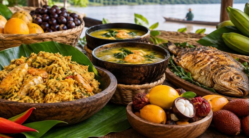 Mesa rústica próxima ao rio com pratos típicos acreanos: peixe assado, caldos com camarão em cuias, cumbucas com frutas amazônicas e tigela grande com comida à base de frutos do mar e farinha. Ao fundo, um barco no rio e vegetação.