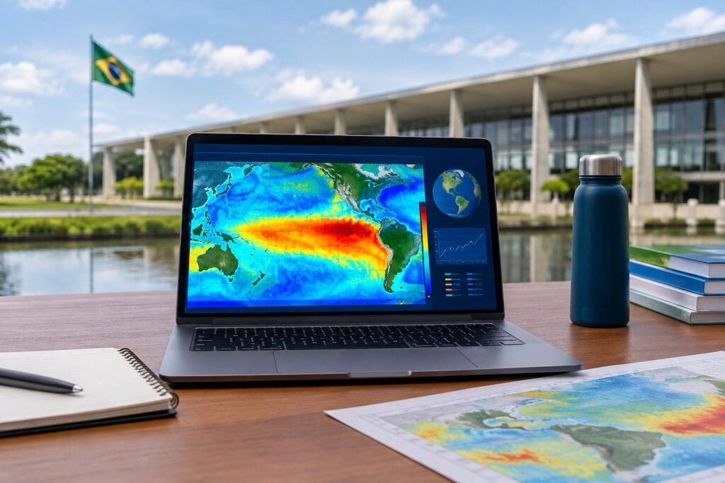 Notebook em uma mesa ao ar livre exibindo mapa térmico do oceano Pacífico mostrando um fenômeno climático El Niño, com bandeira do Brasil e um prédio governamental ao fundo. Ao lado do notebook, há cadernos, uma caneta e uma garrafa térmica.