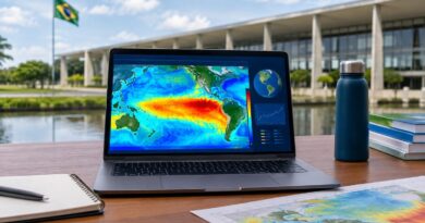 Notebook em uma mesa ao ar livre exibindo mapa térmico do oceano Pacífico mostrando um fenômeno climático El Niño, com bandeira do Brasil e um prédio governamental ao fundo. Ao lado do notebook, há cadernos, uma caneta e uma garrafa térmica.