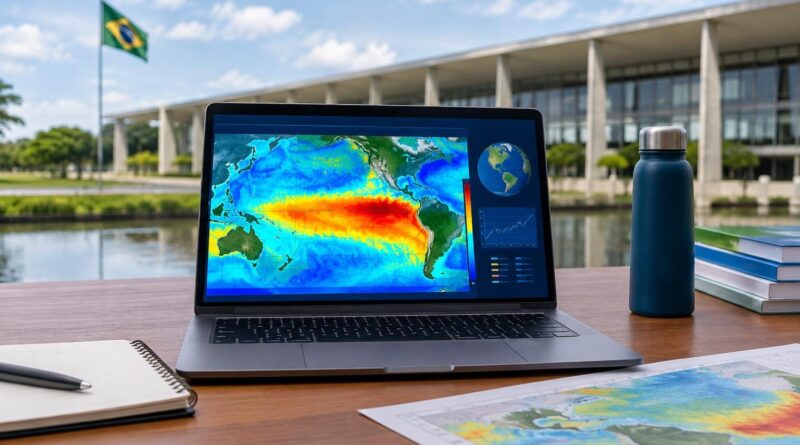 Notebook em uma mesa ao ar livre exibindo mapa térmico do oceano Pacífico mostrando um fenômeno climático El Niño, com bandeira do Brasil e um prédio governamental ao fundo. Ao lado do notebook, há cadernos, uma caneta e uma garrafa térmica.