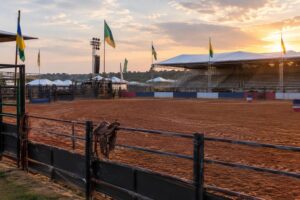 Arena de rodeio ao ar livre com chão de terra batida, cercada por grades e com arquibancadas ao fundo. Bandeiras verdes, amarelas e azuis estão fincadas em postes ao redor da arena. O céu ao fundo mostra a luz do pôr do sol, criando atmosfera calma e acolhedora.