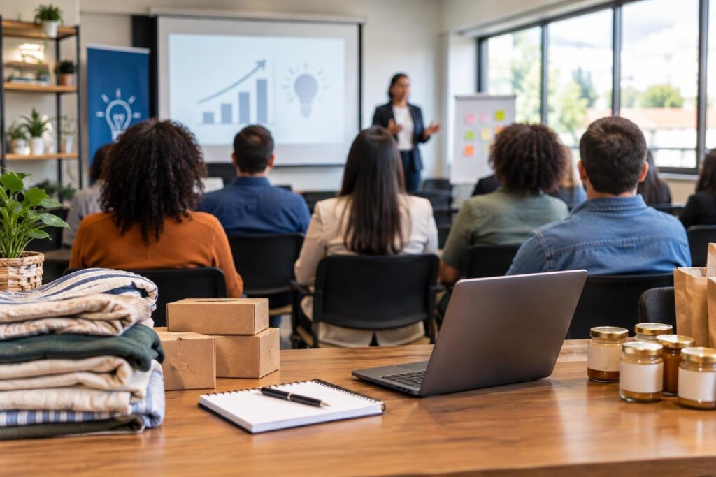 Ambiente de sala de seminário com pessoas sentadas de costas assistindo apresentação. Na frente, uma mulher fala em pé diante de projetor com gráficos e ícone de lâmpada. Em primeiro plano há mesa com notebook, cadernos, caixas pequenas, roupas dobradas e potes de vidro.