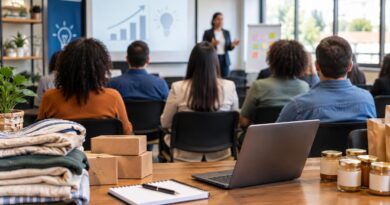 Ambiente de sala de seminário com pessoas sentadas de costas assistindo apresentação. Na frente, uma mulher fala em pé diante de projetor com gráficos e ícone de lâmpada. Em primeiro plano há mesa com notebook, cadernos, caixas pequenas, roupas dobradas e potes de vidro.