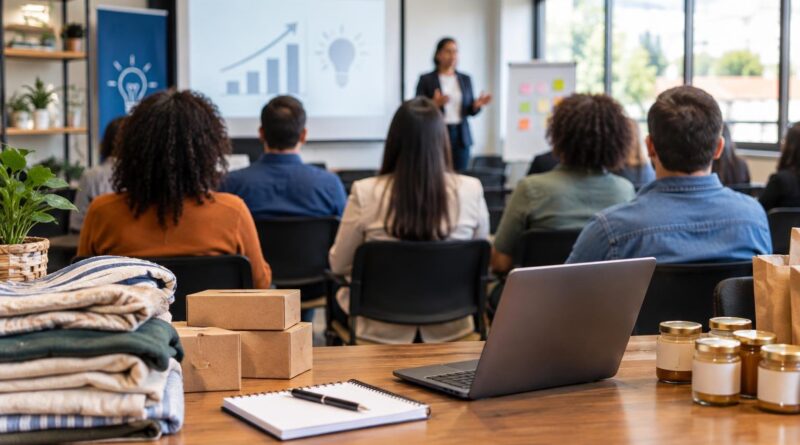 Ambiente de sala de seminário com pessoas sentadas de costas assistindo apresentação. Na frente, uma mulher fala em pé diante de projetor com gráficos e ícone de lâmpada. Em primeiro plano há mesa com notebook, cadernos, caixas pequenas, roupas dobradas e potes de vidro.