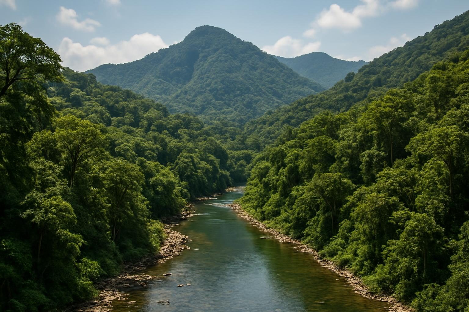 Serras cobertas de floresta e rio de águas claras na região da Serra do Divisor, extremo oeste do Brasil