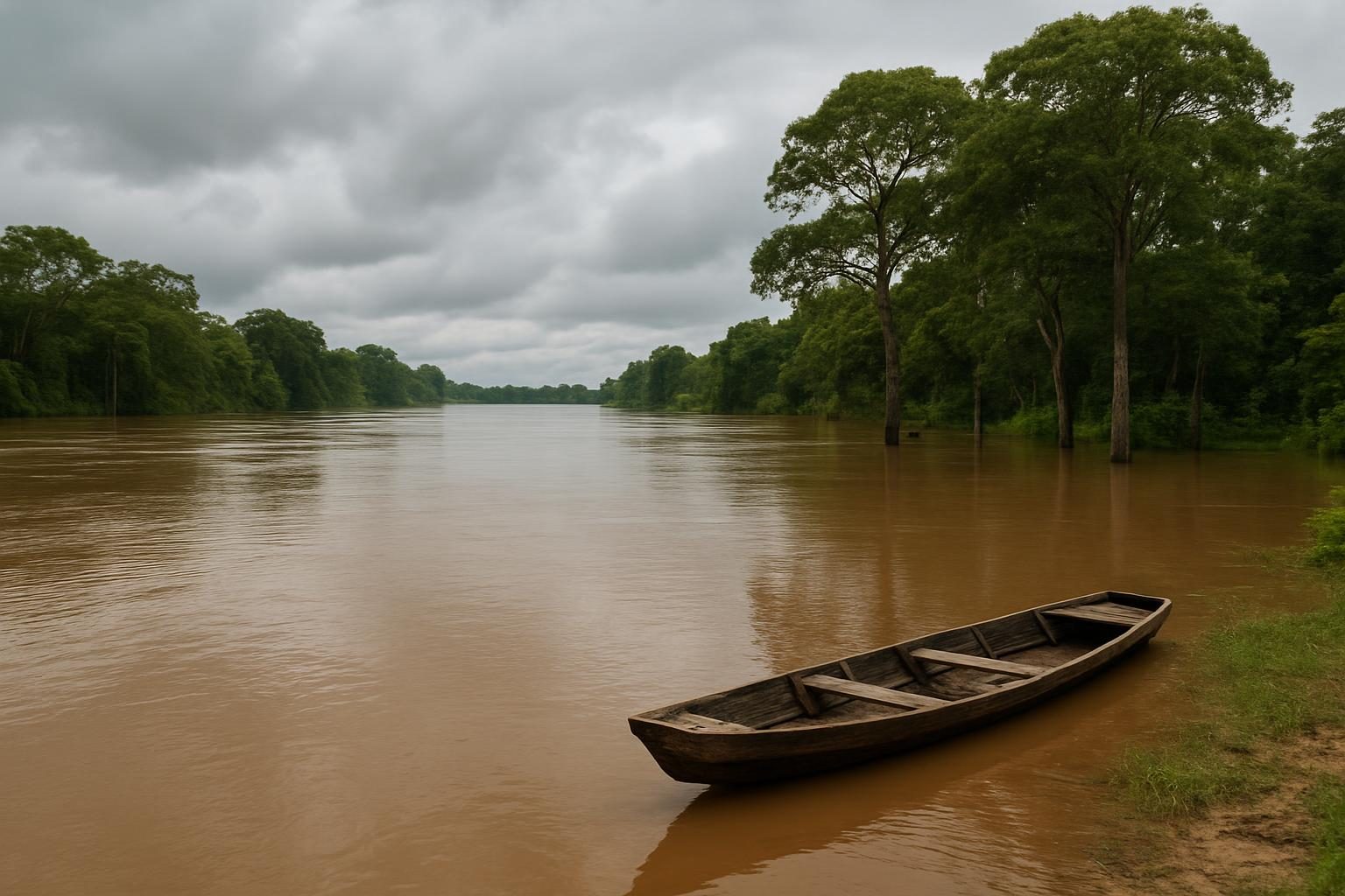 Rio amazônico cheio no período chuvoso, com margens alagadas e pequeno barco de madeira
