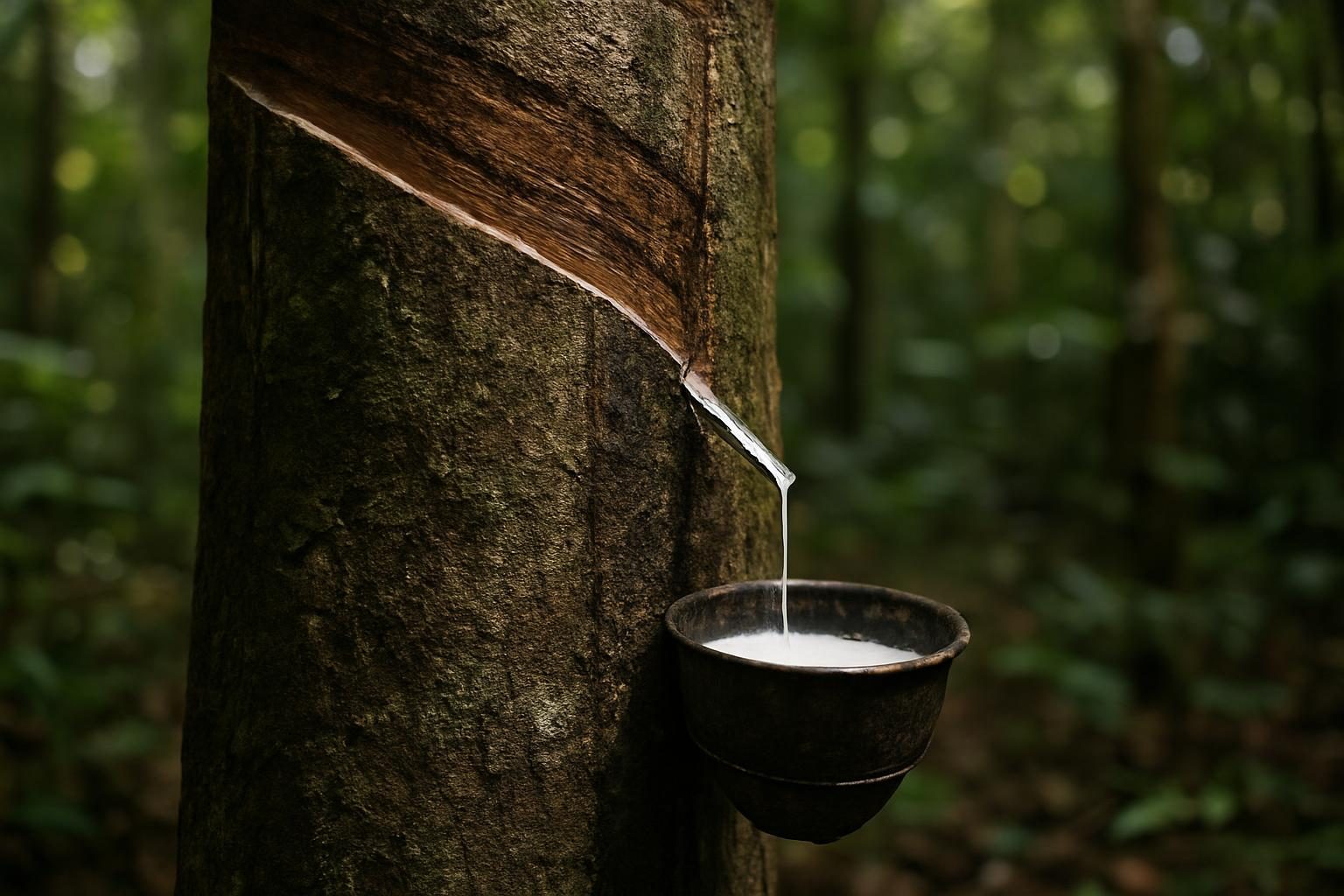 Seringueira com cortes e látex escorrendo, símbolo do ciclo da borracha no Acre