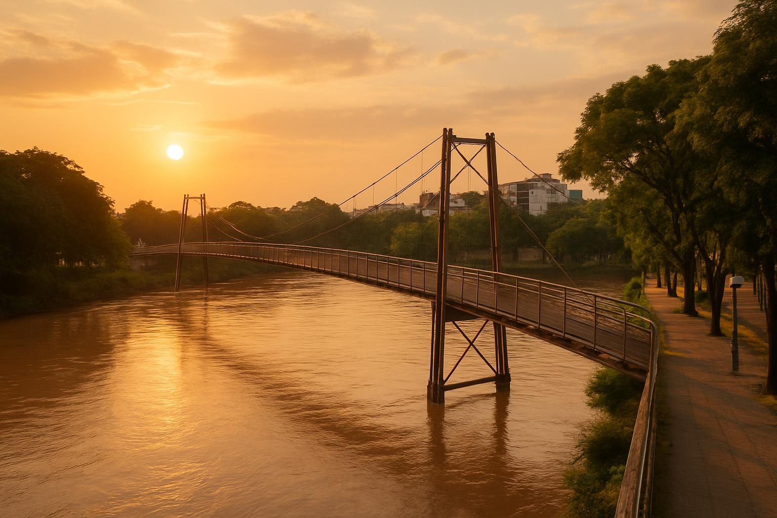 Passarela sobre o rio Acre ligando os dois distritos de Rio Branco ao entardecer