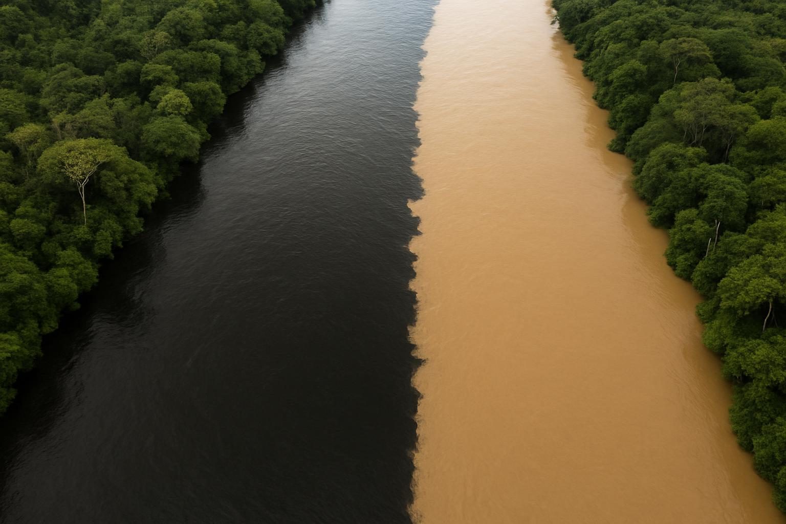 Encontro de rio de água escura com rio de água barrenta na Amazônia