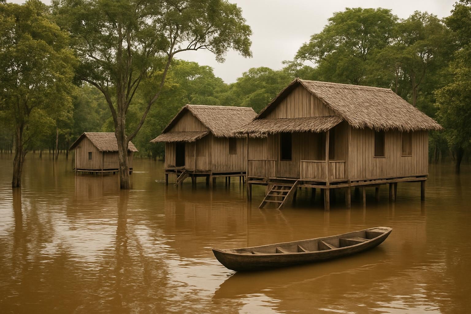 Casas de palafita à beira de rio amazônico durante a cheia