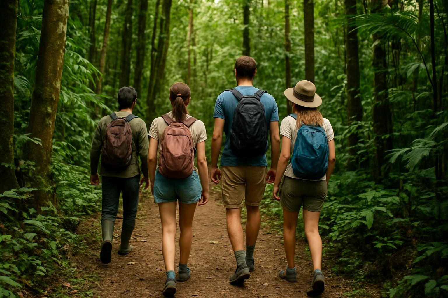 Visitantes em trilha na floresta amazônica acompanhados de guia local