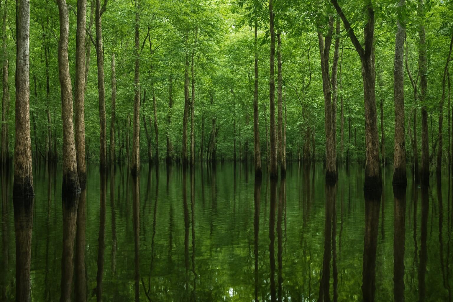 Floresta alagada na Amazônia com troncos de árvores refletidos na água durante a cheia