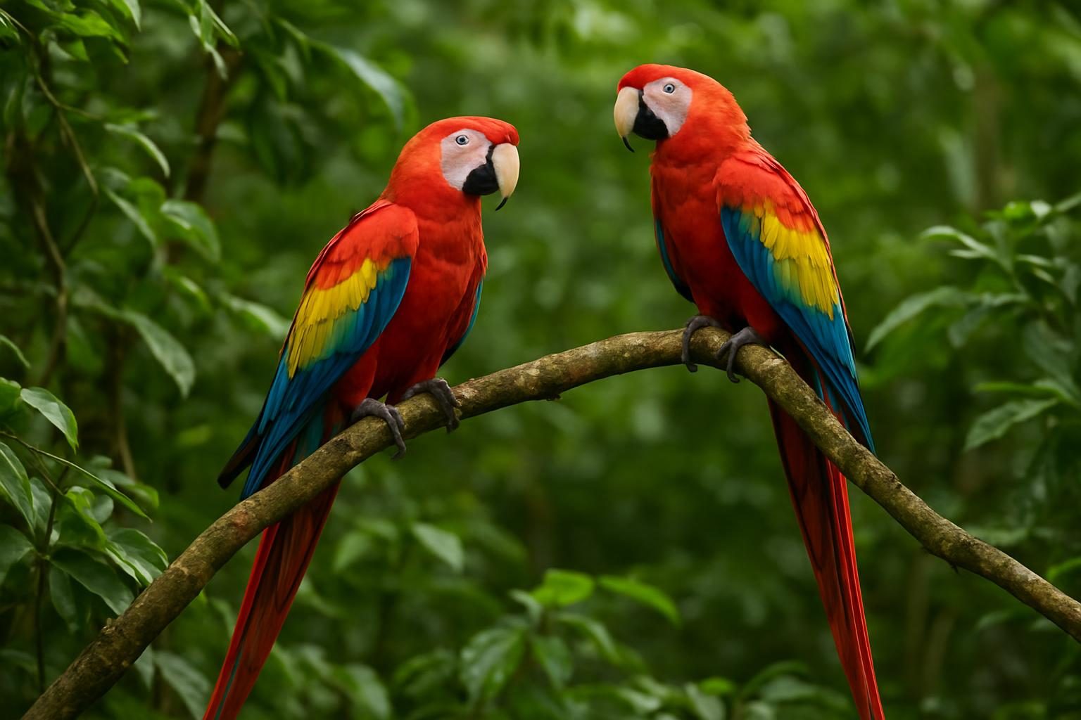 Casal de araras-vermelhas pousado em galho alto na floresta amazônica