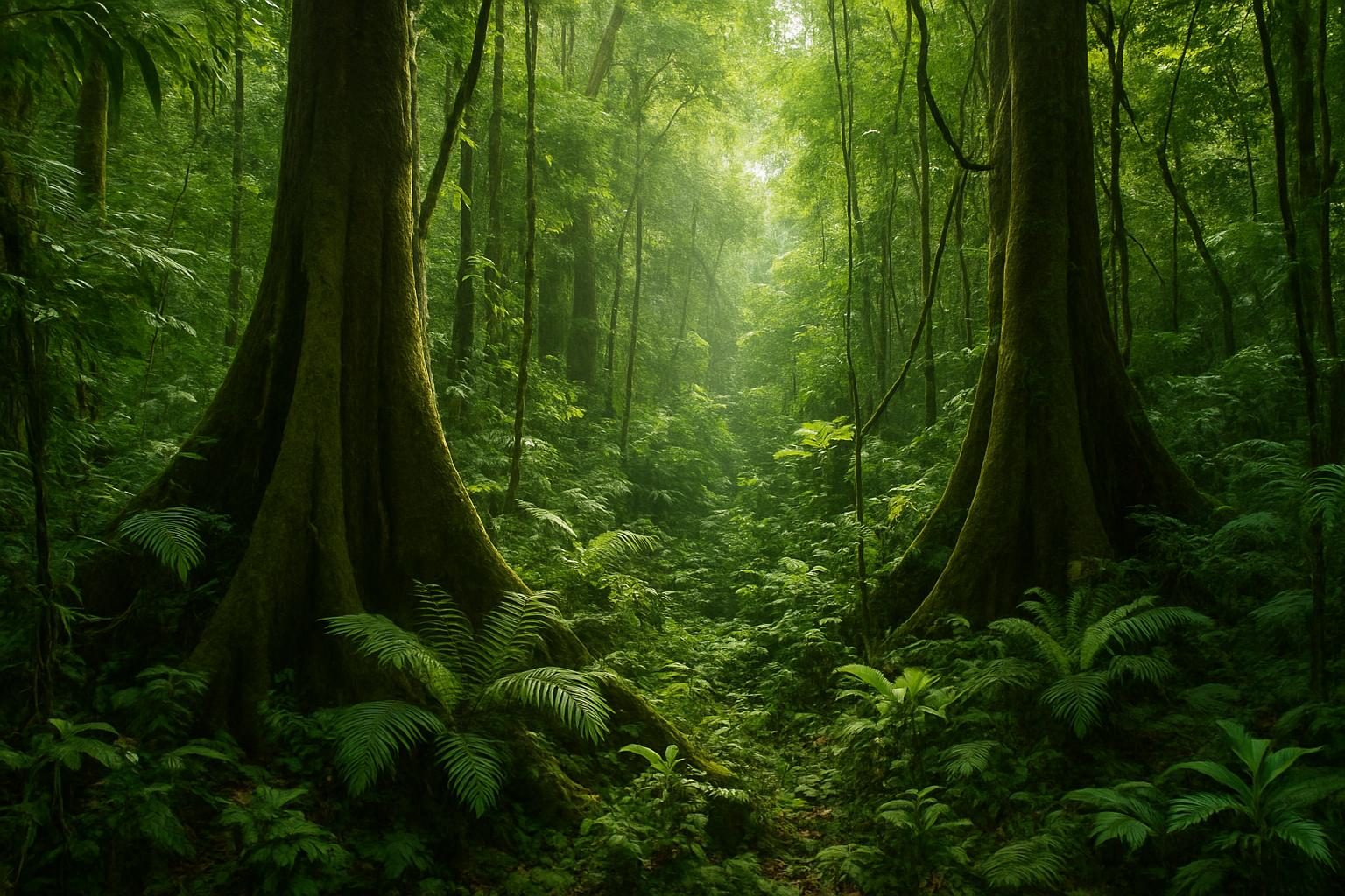 Interior da floresta tropical úmida mostrando as diferentes camadas de vegetação