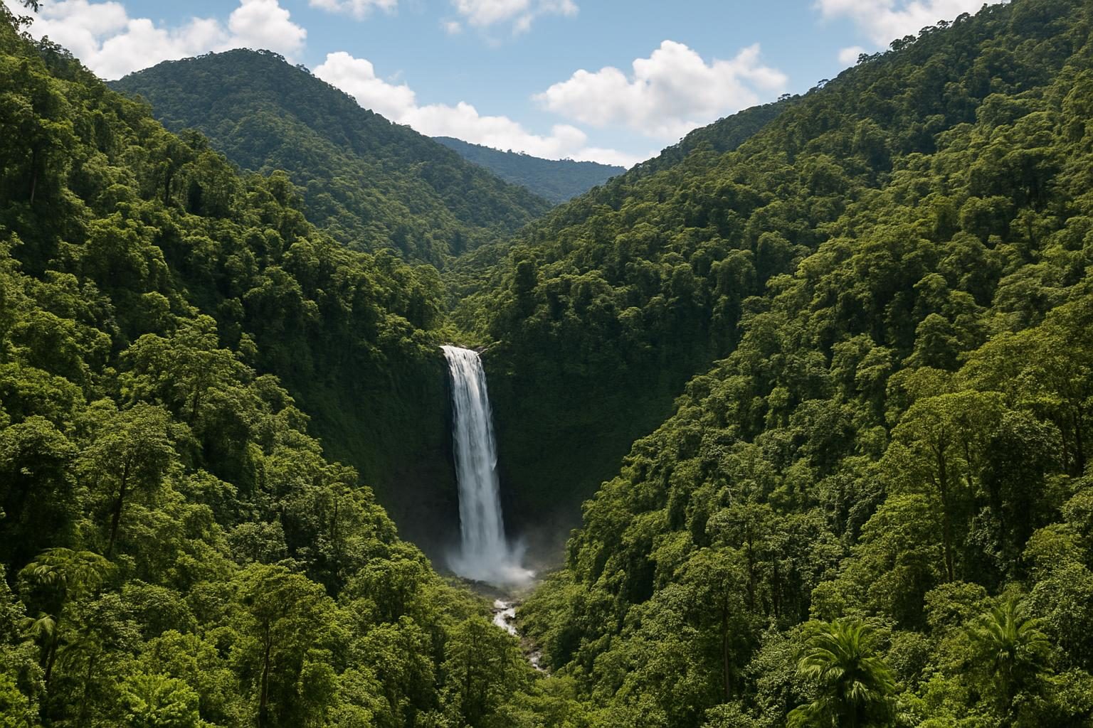 Serras cobertas de floresta e cachoeira em área preservada do oeste do Acre