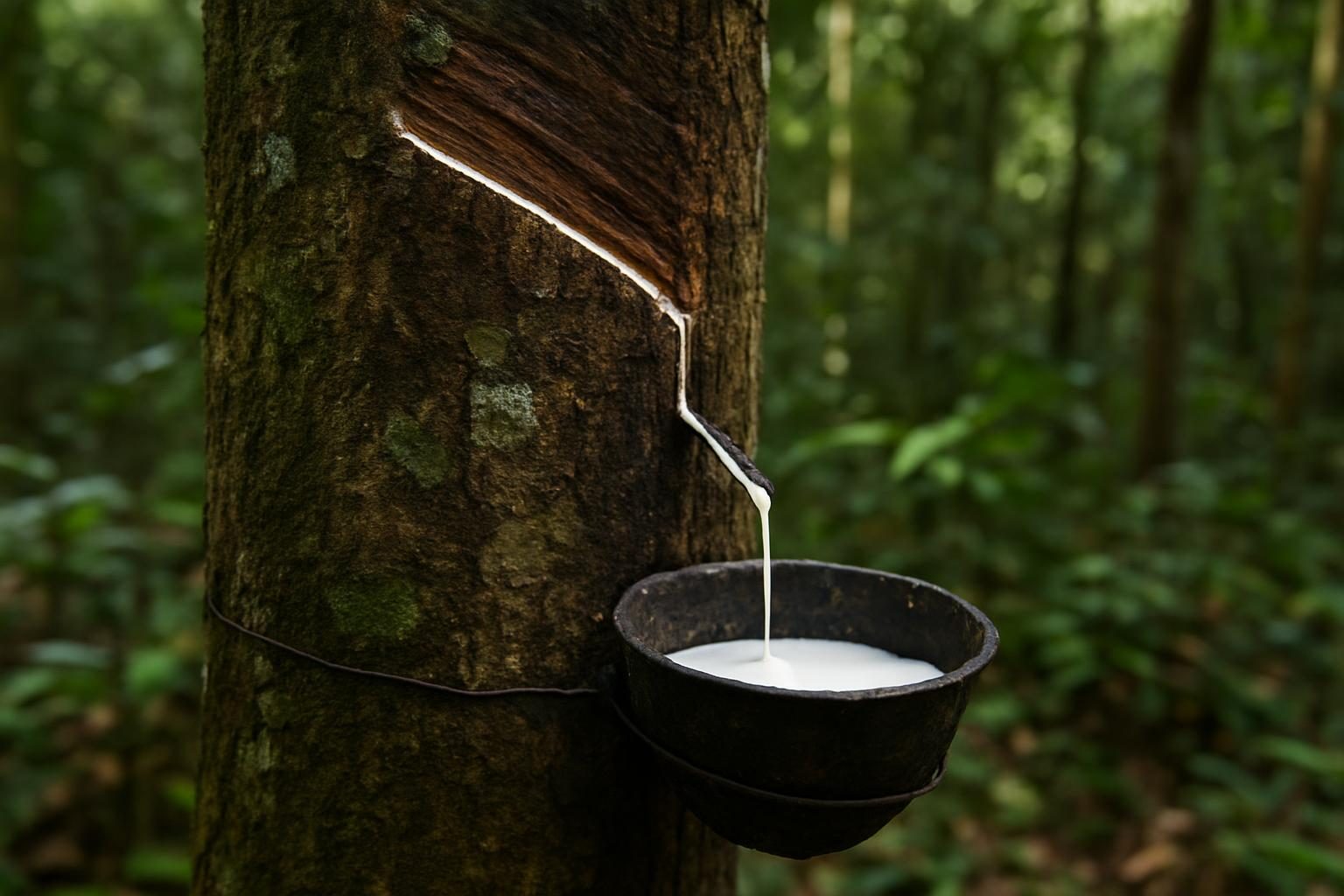Seringueira com corte na casca e tigelinha recolhendo o látex