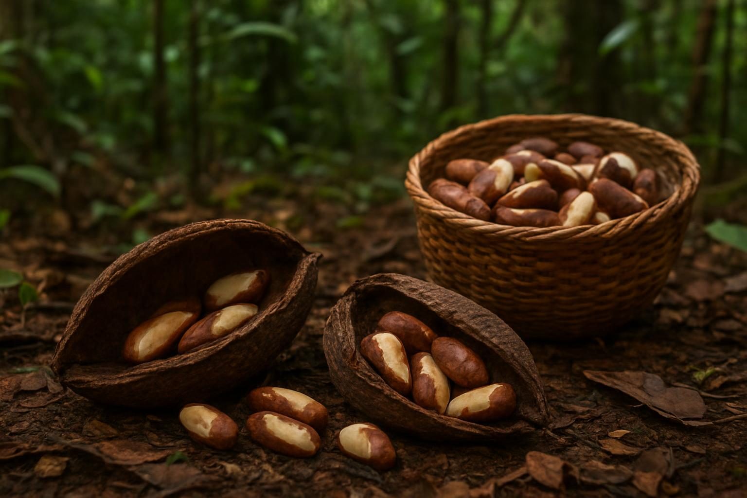 Ouriços de castanha abertos com castanhas ao lado de um paneiro na floresta