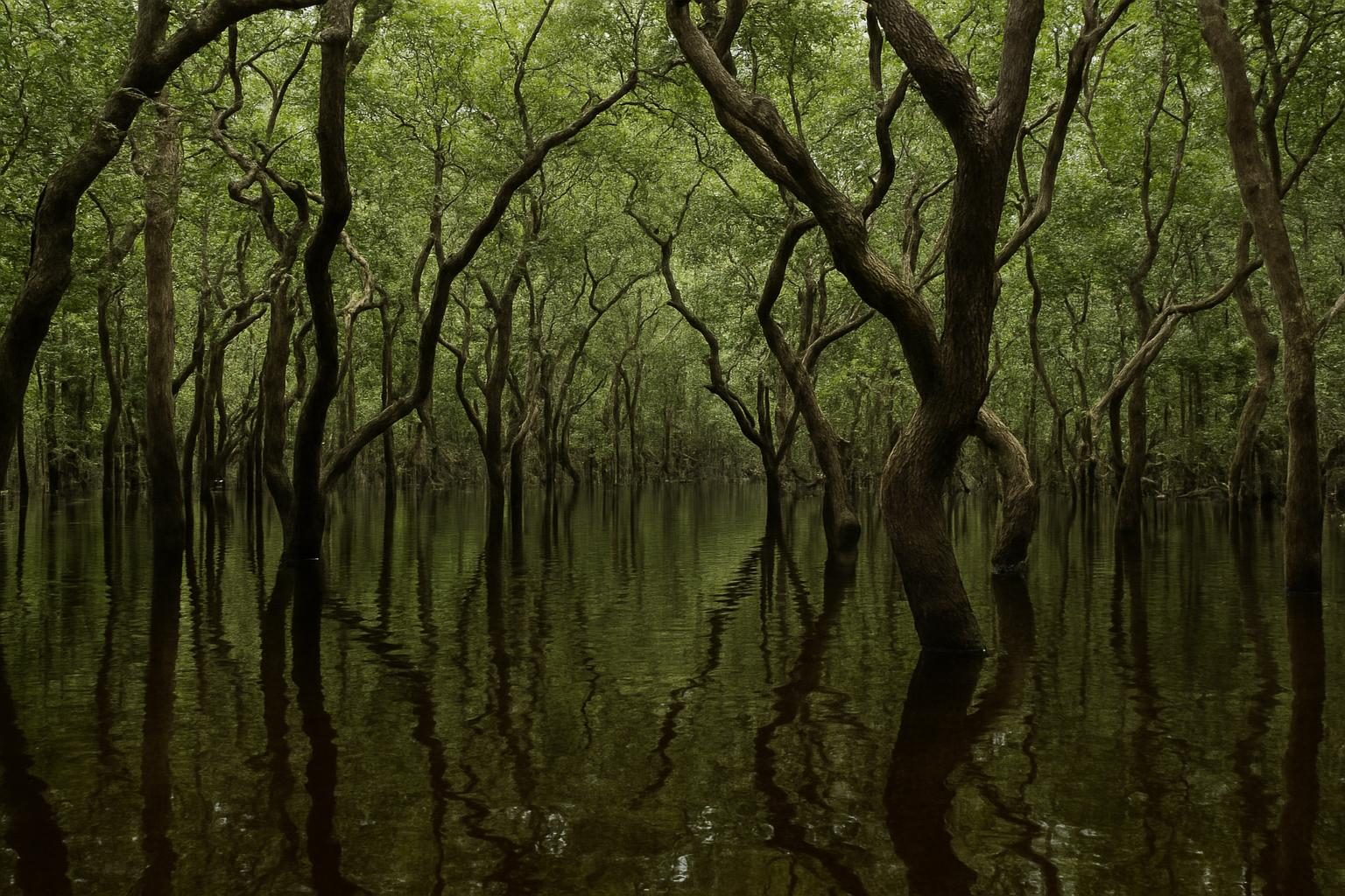 Floresta de igapó alagada com água escura refletindo os troncos das árvores