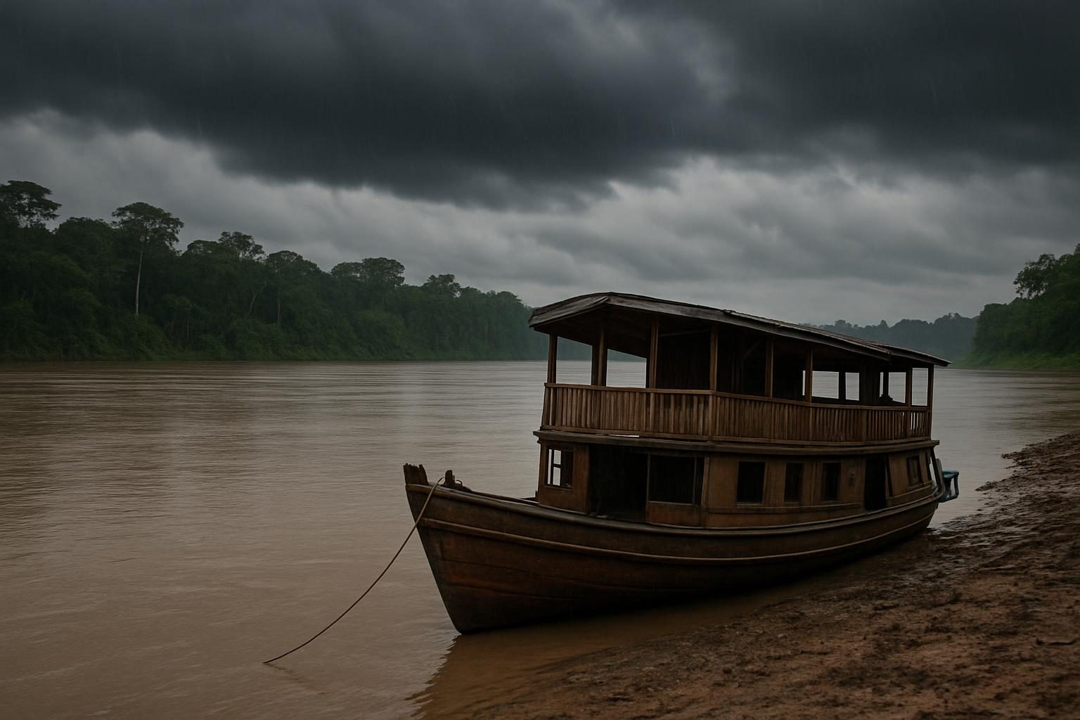 Barco de madeira atracado na margem de rio amazônico durante o período chuvoso