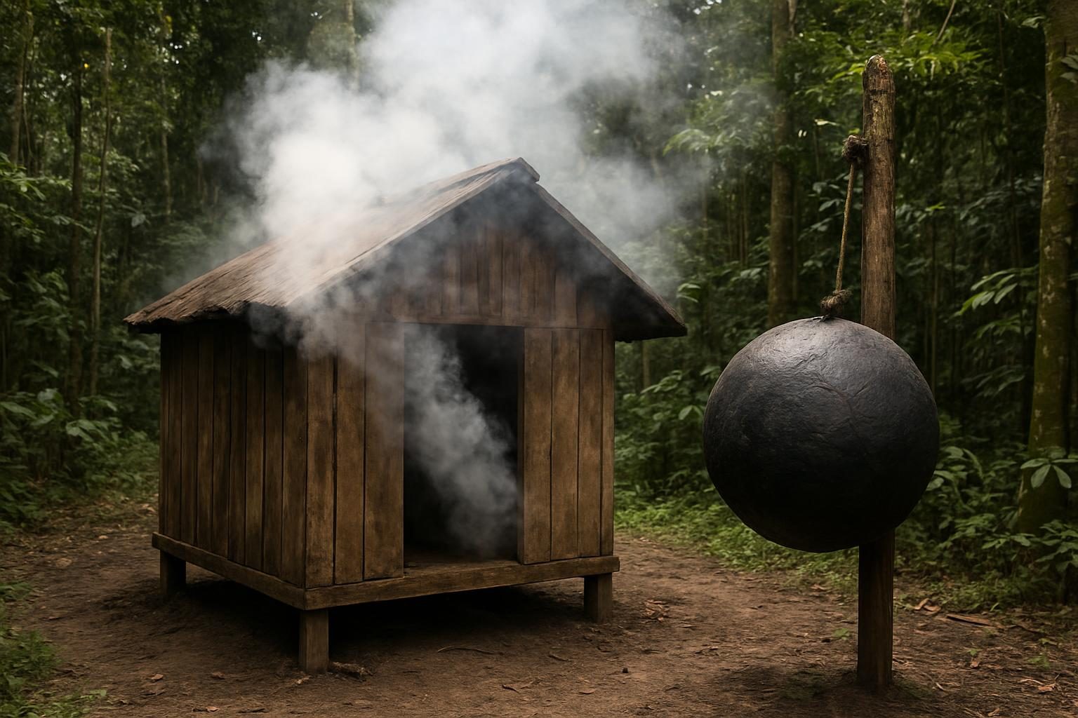 Defumador rústico na floresta com fumaça e bola de borracha defumada