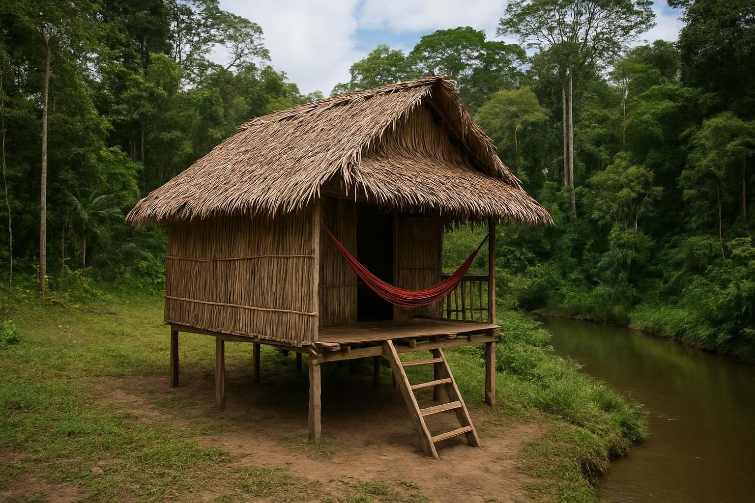 Casa de madeira de paxiúba sobre esteios com telhado de palha em colocação na floresta