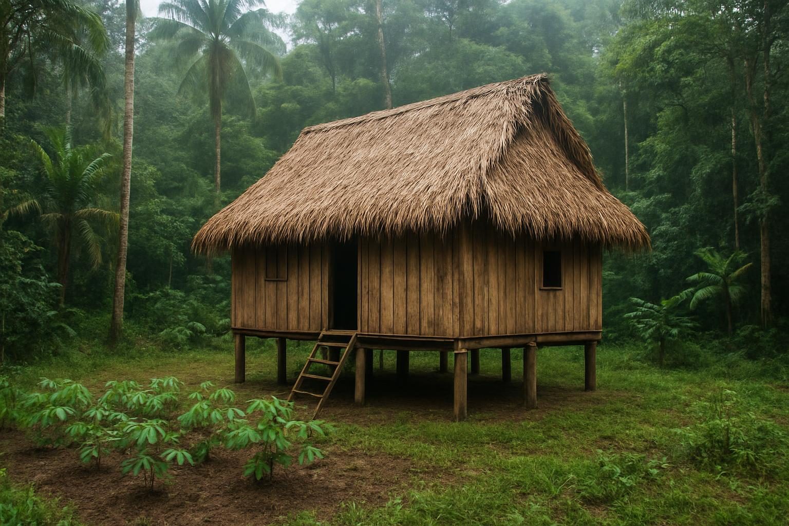 Casa de madeira e palha em uma colocação de seringueiros no meio da floresta