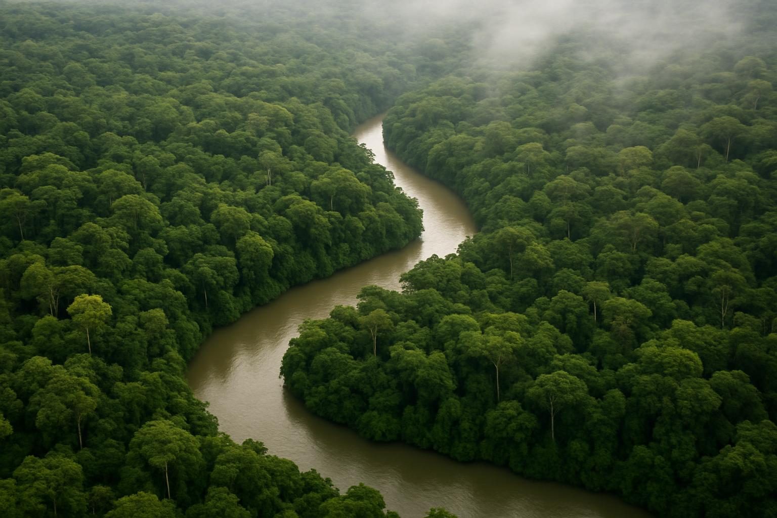 Rio sinuoso cortando floresta preservada, paisagem típica de reserva extrativista no Acre