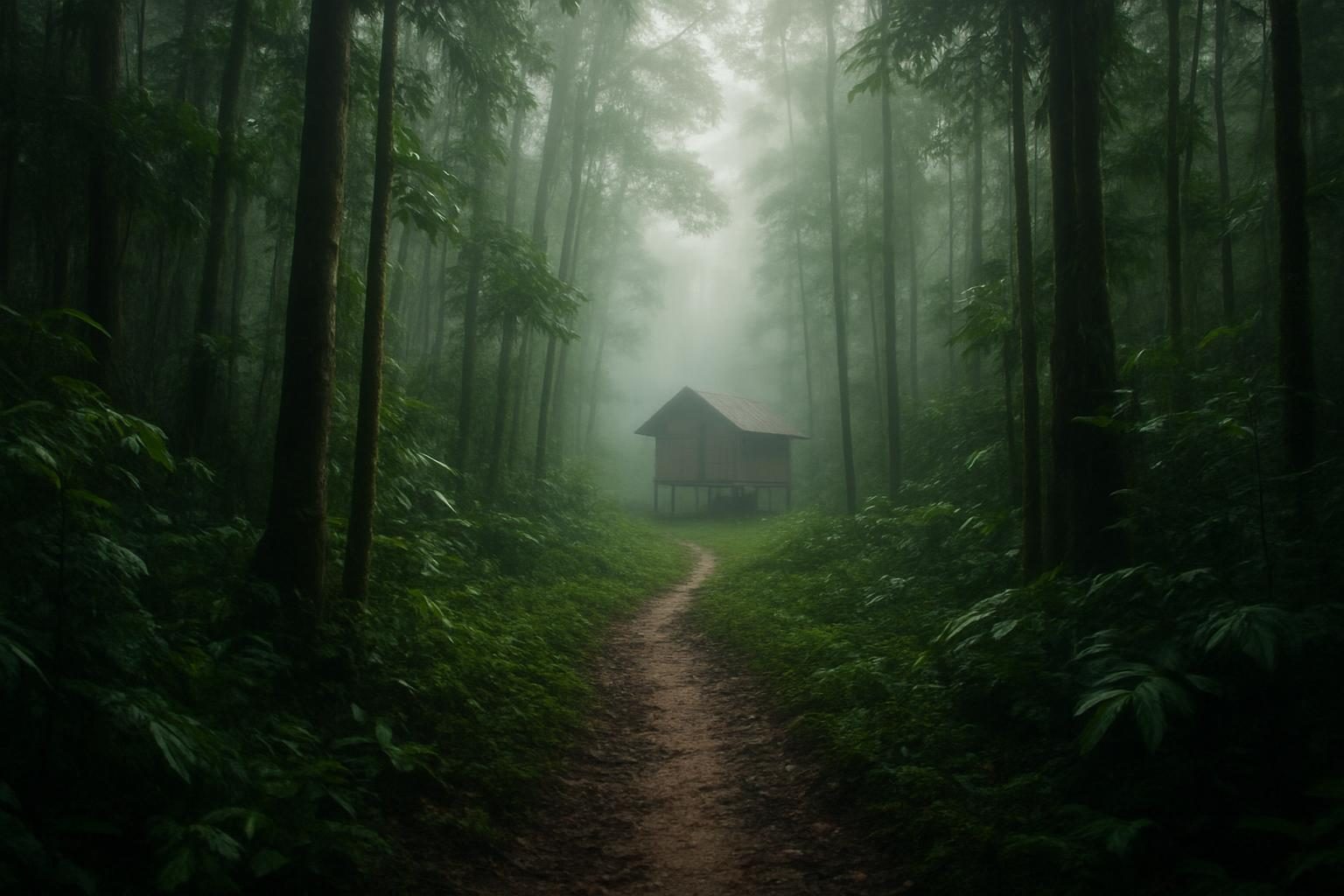 Trilha estreita na floresta amazônica ao amanhecer, semelhante a uma estrada de seringa, com casa de madeira ao fundo