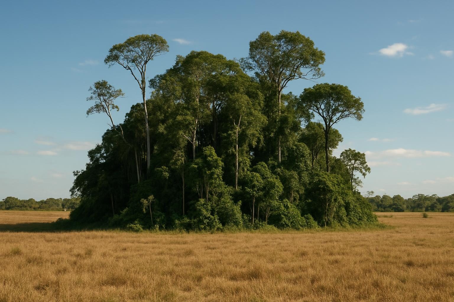 Fragmento isolado de floresta cercado por pasto, mostrando o efeito de borda