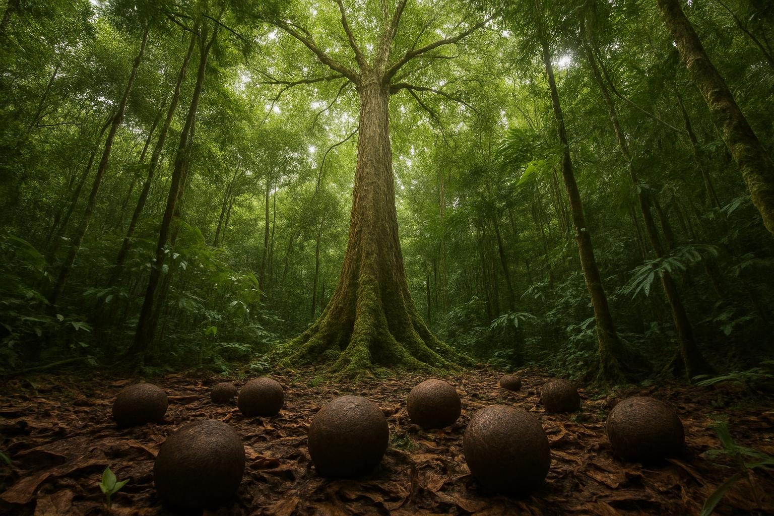 Castanheira em meio à floresta com ouriços caídos no chão