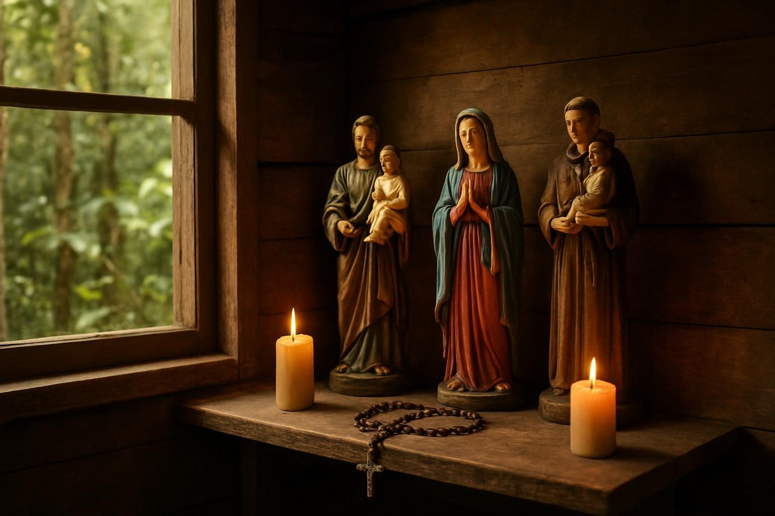 Oratório doméstico de madeira com imagens de santos, terço e velas acesas