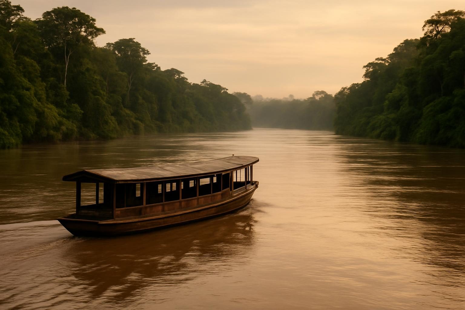 Barco de madeira navegando por um rio amazônico ao amanhecer, lembrando as viagens de desobriga