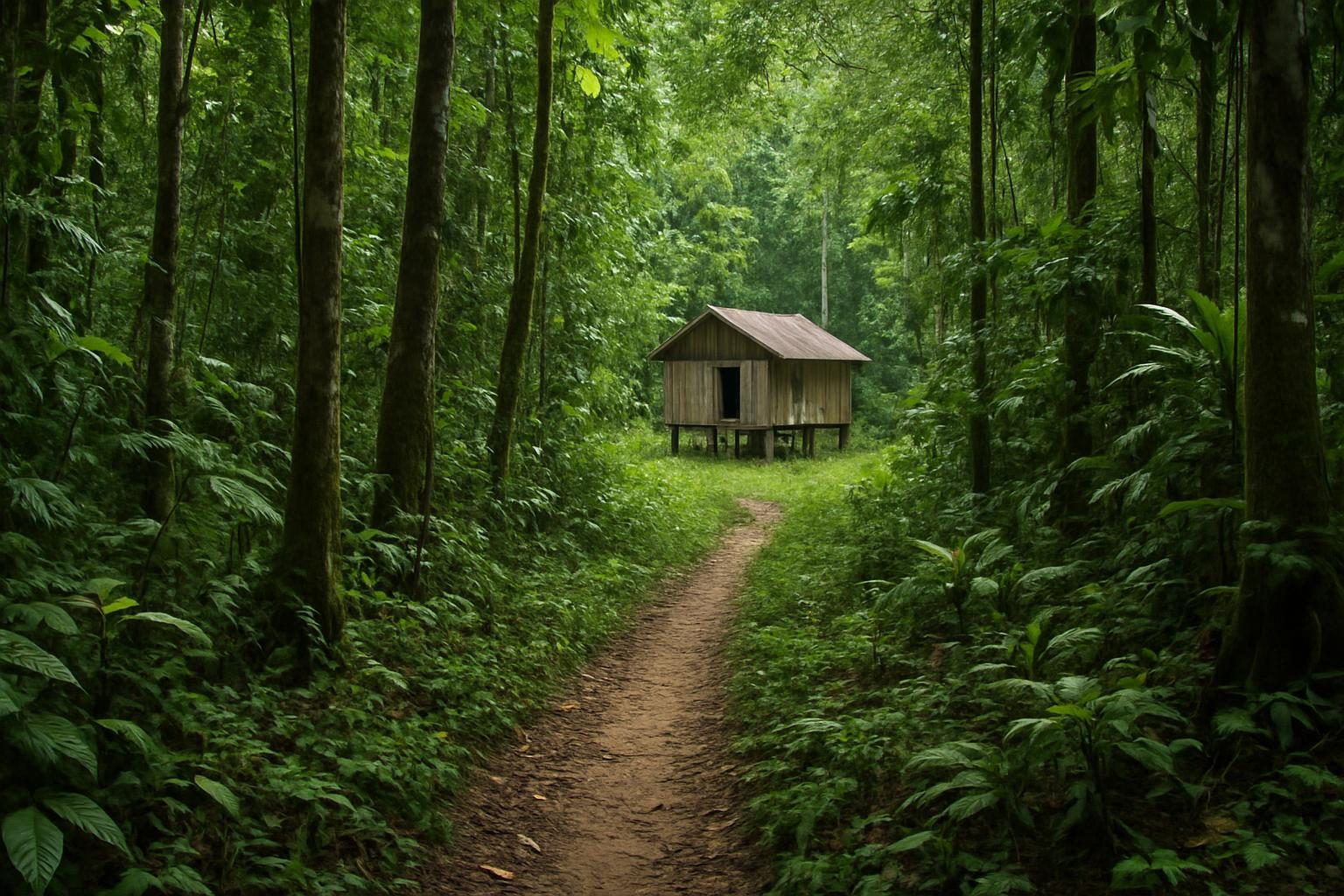 Trilha de estrada de seringa na floresta com casa de madeira em uma colocação ao fundo