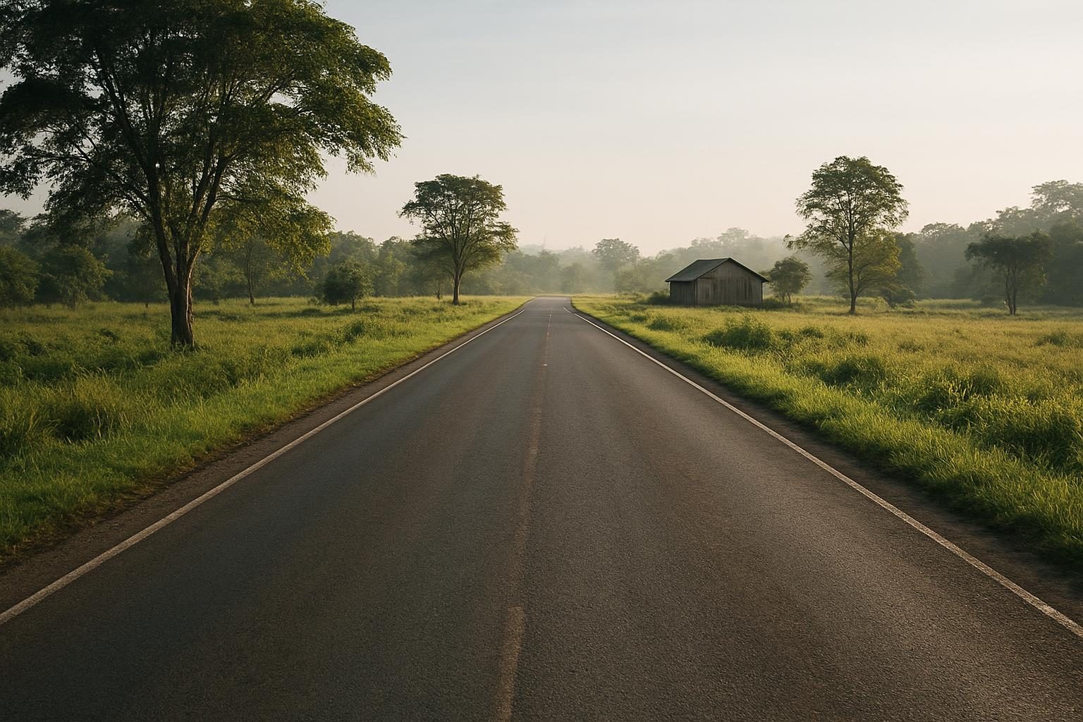 Trecho de estrada rural asfaltada com sítio ao fundo na região de Rio Branco