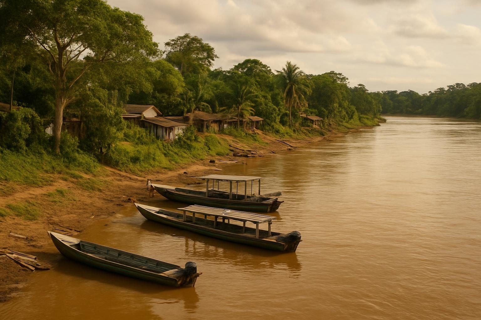 Barcos de madeira ancorados na margem de um rio barrento na Amazônia