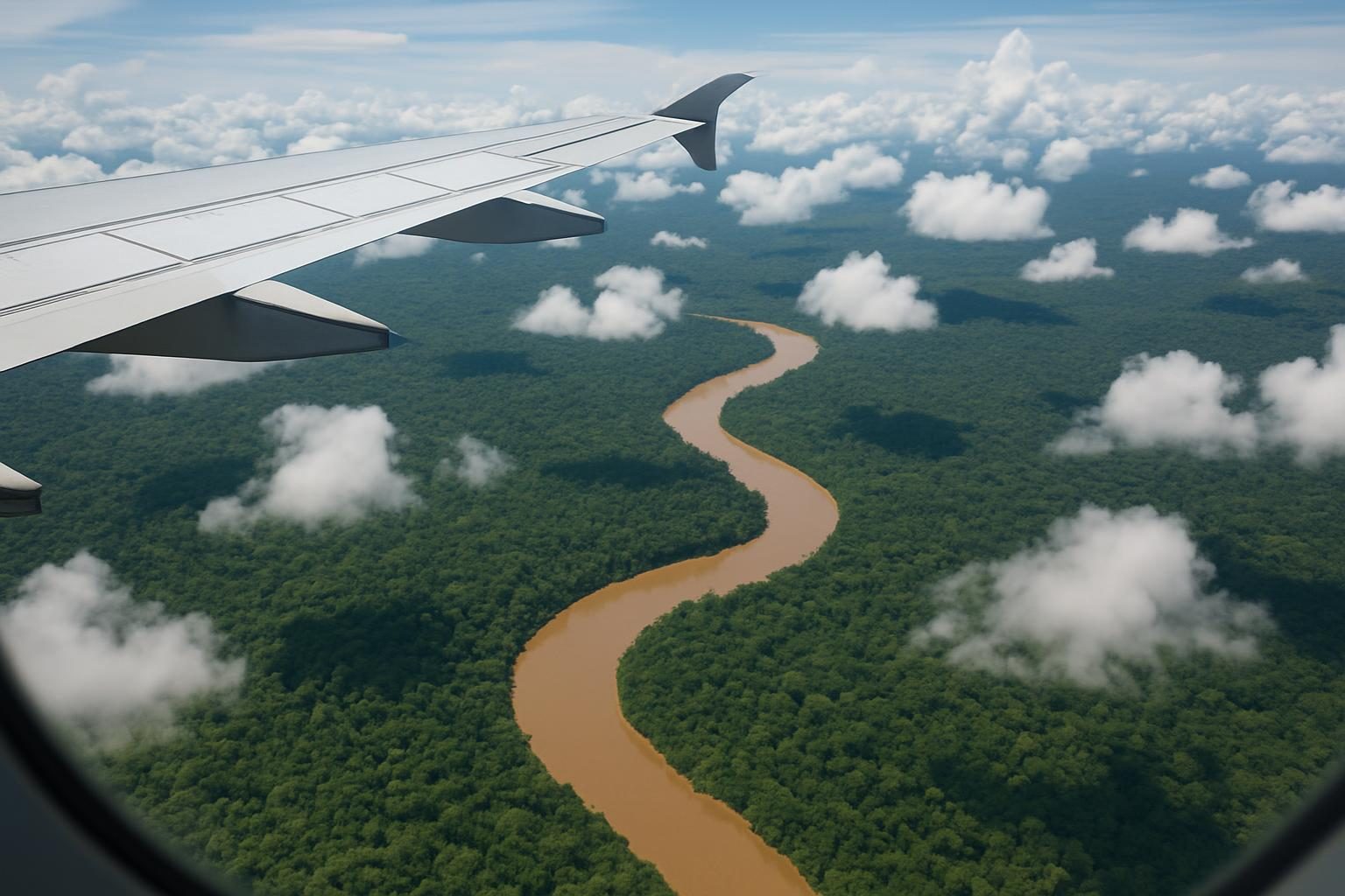 Vista aérea da floresta amazônica e de um rio sinuoso durante voo para o Acre