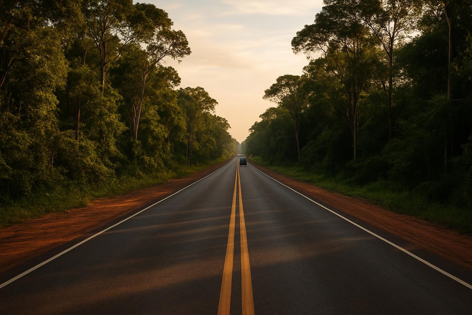 Trecho de rodovia na região amazônica com floresta às margens no fim da tarde