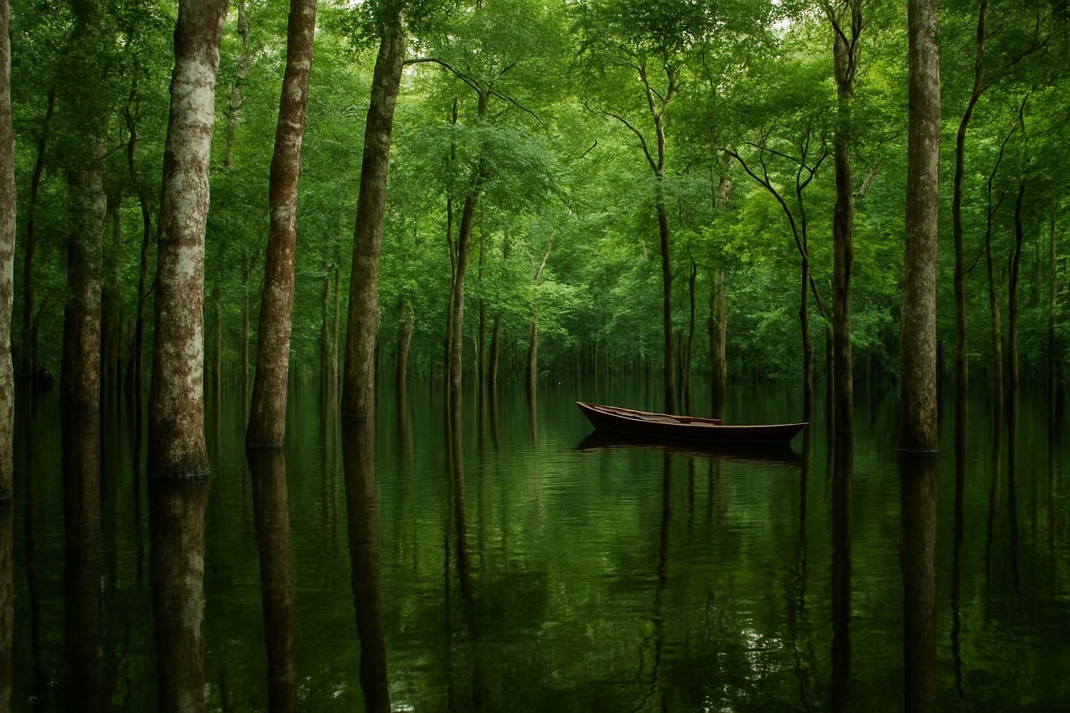 Floresta de igapó alagada na Amazônia, com troncos de árvores refletidos na água escura