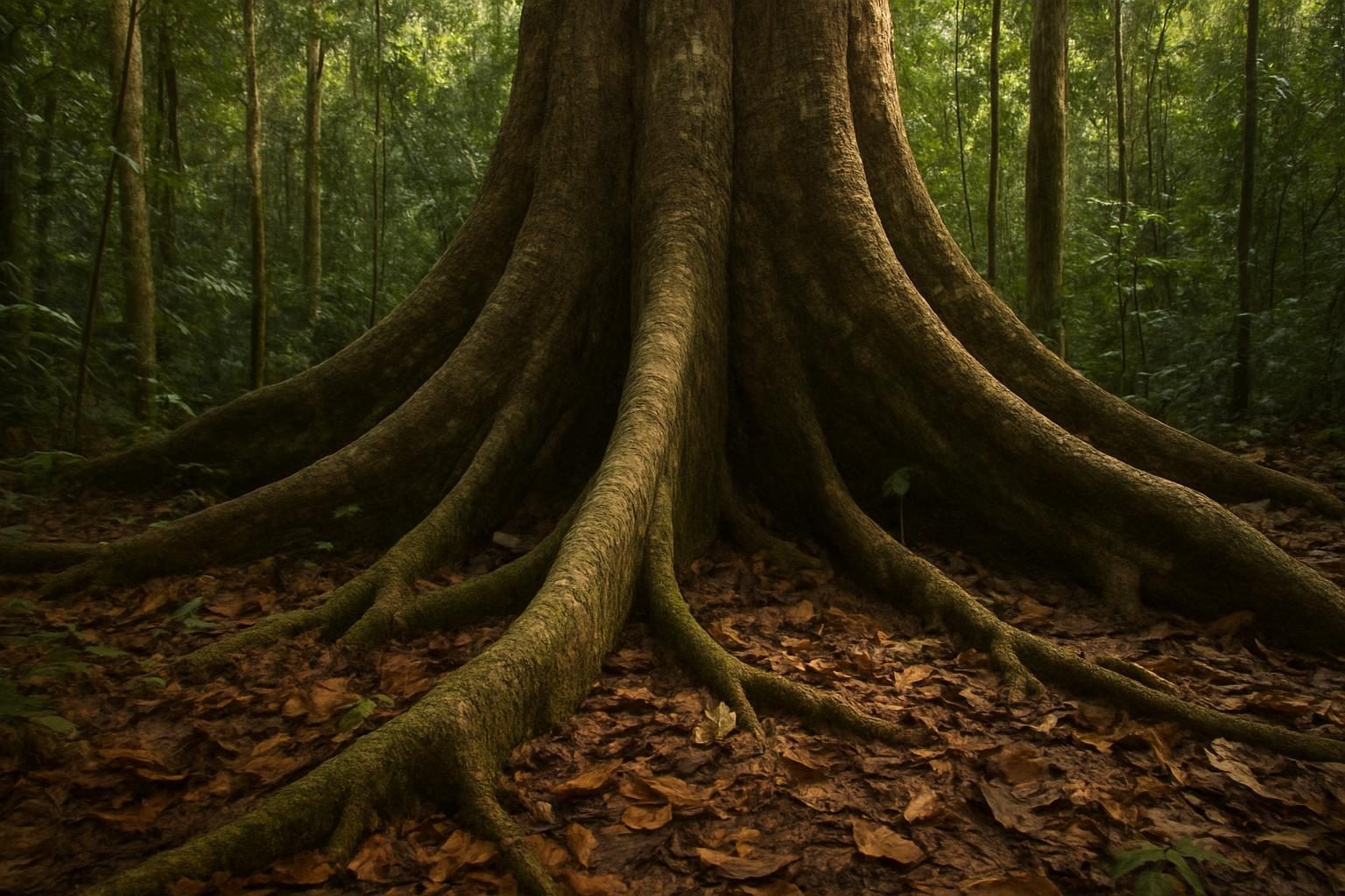 Tronco de uma castanheira gigante no chão da floresta amazônica coberto de folhas