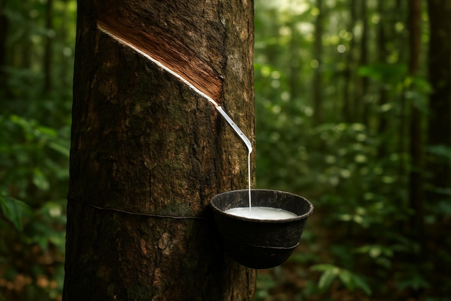 Seringueira com cortes para extração de látex na floresta amazônica do Acre