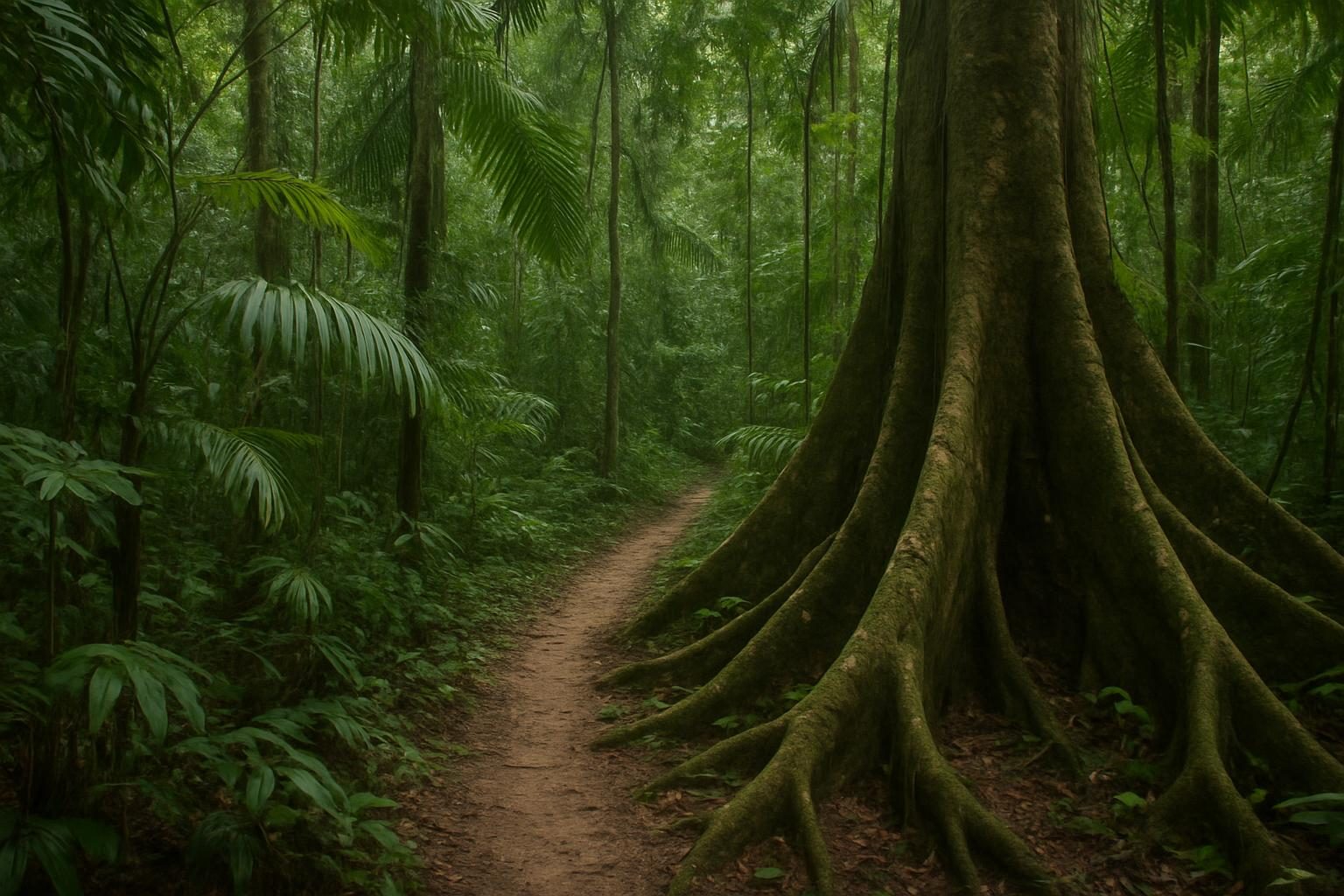 Trilha na floresta amazônica com raízes de árvore gigante e sub-bosque úmido