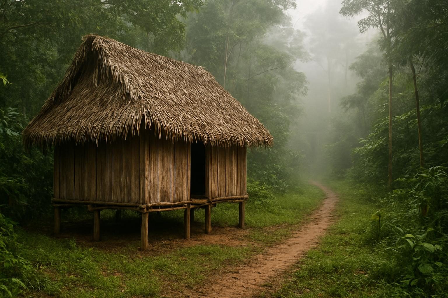 Casa simples de madeira e palha em uma colocação de seringueiro no meio da floresta