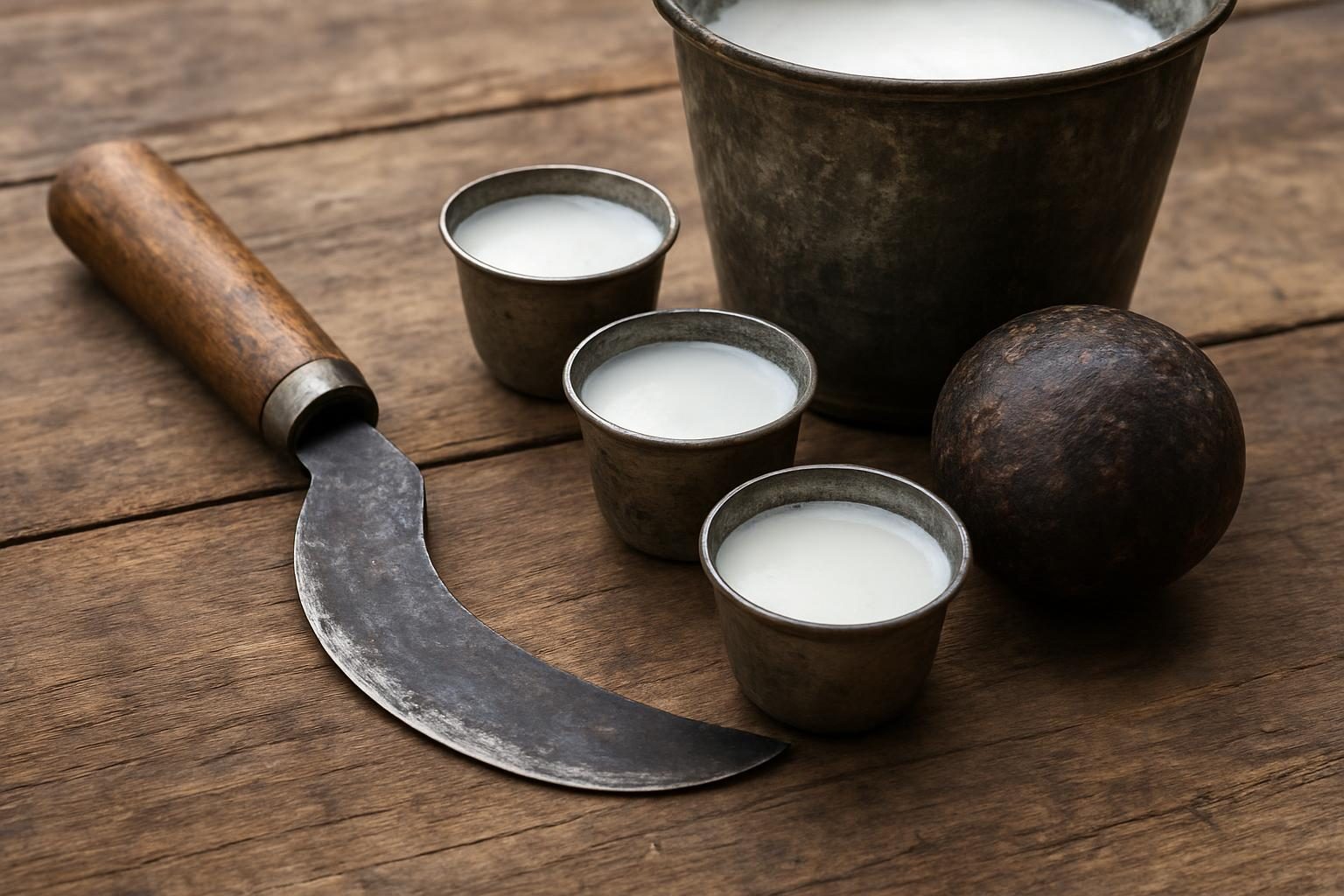 Ferramentas tradicionais do seringueiro: faca de seringa, tigelinhas, balde de látex e bola de borracha defumada