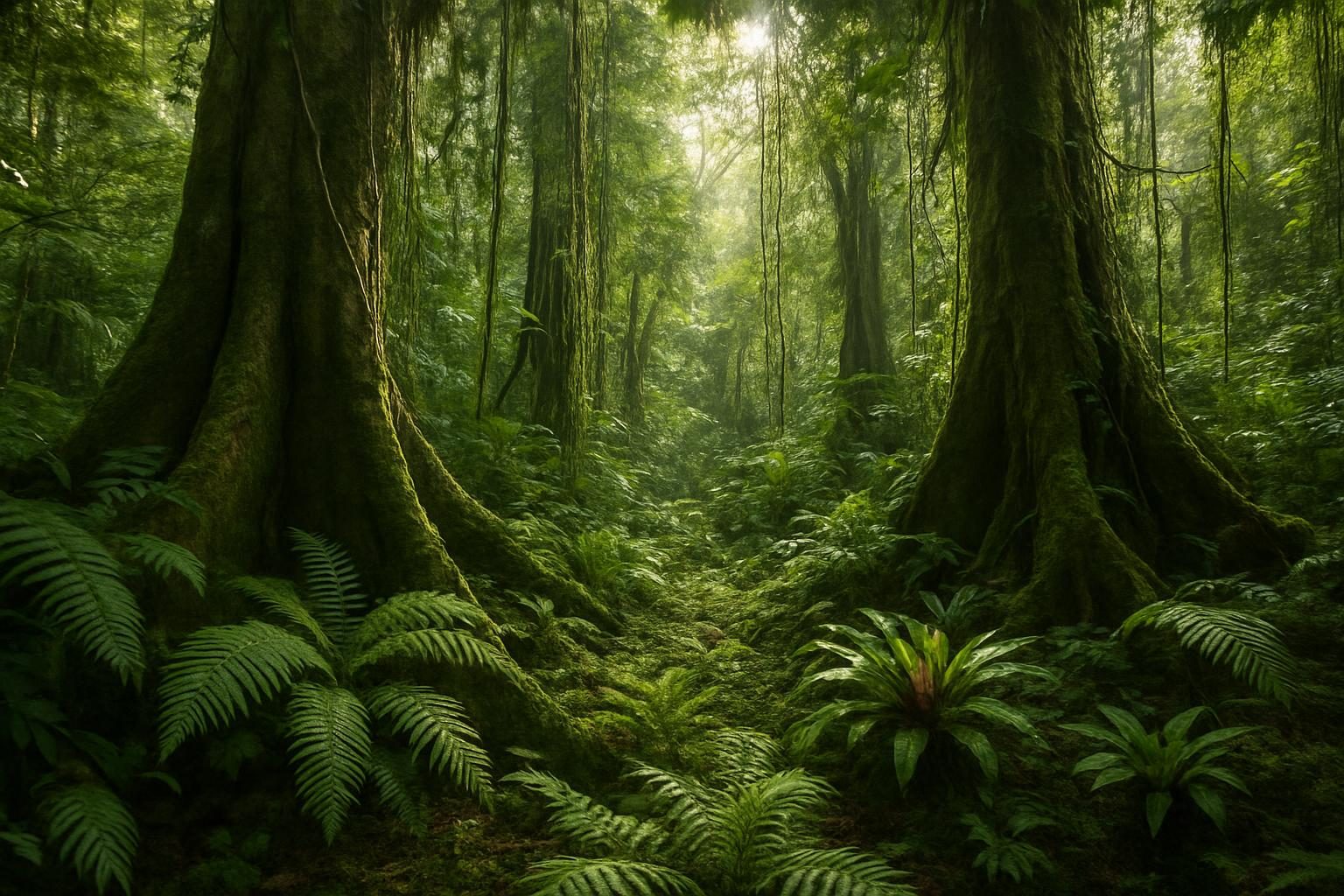 Interior da floresta amazônica com árvores gigantes, raízes tabulares e vegetação densa