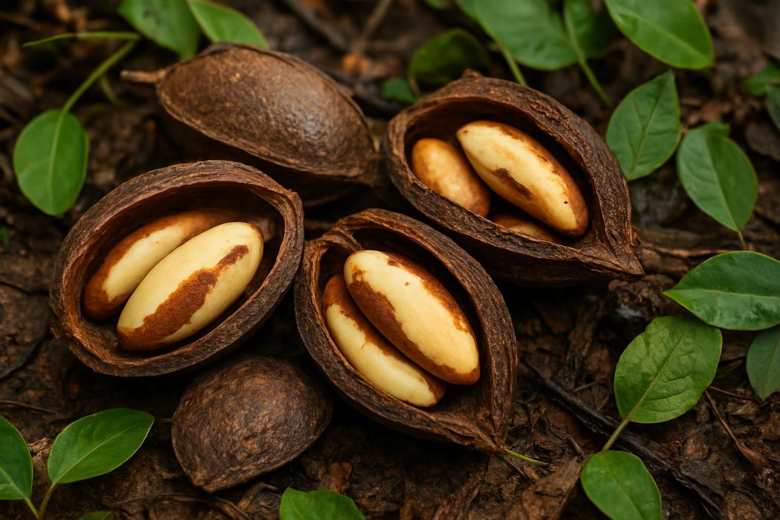 Ouriços de castanha-da-amazônia abertos sobre o chão da floresta