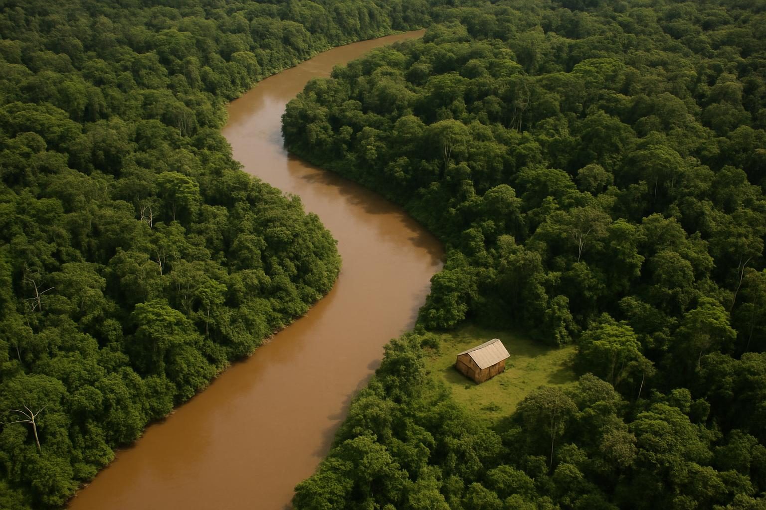 Floresta amazônica preservada com rio e casa de família extrativista