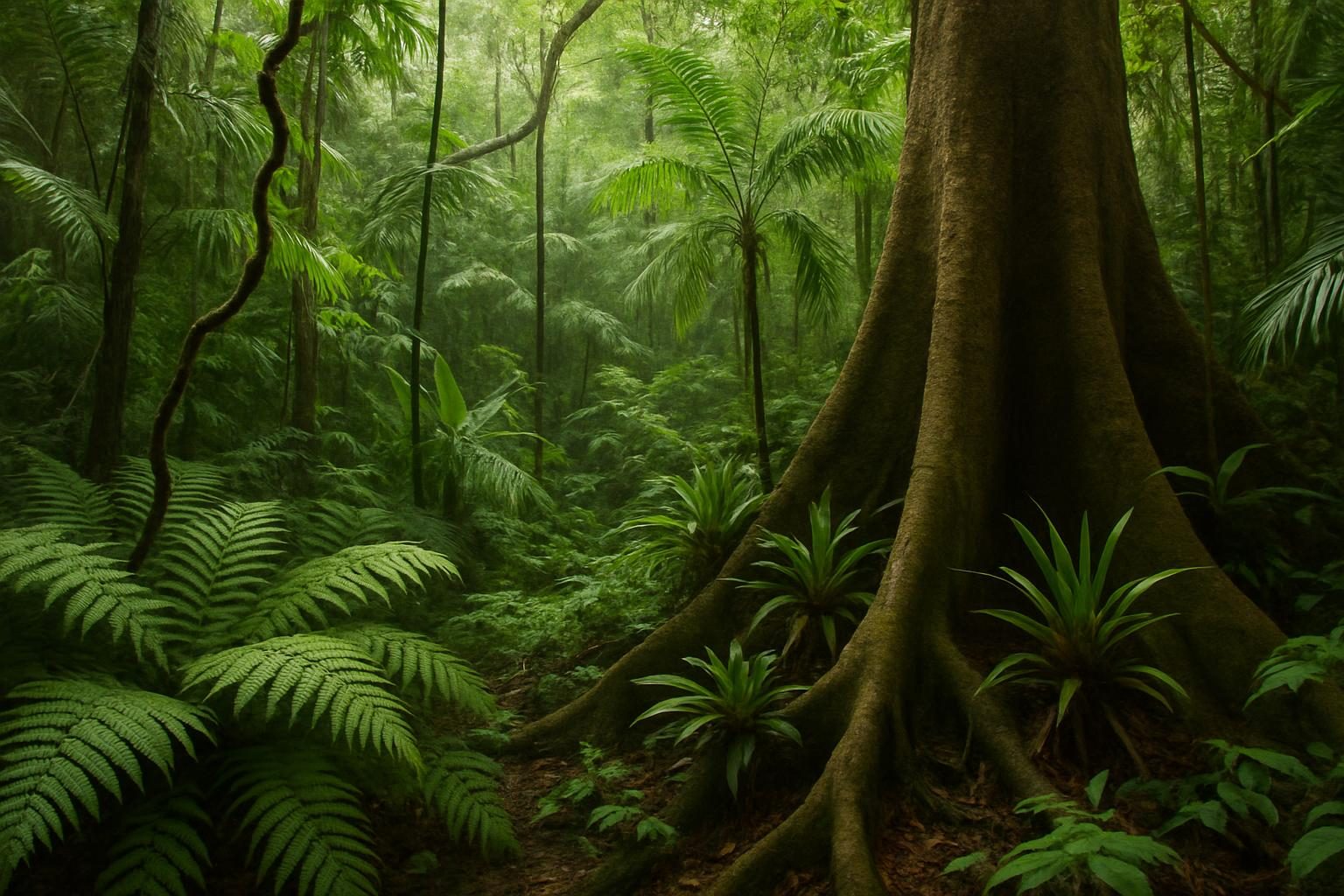 Interior de floresta tropical com samambaias, palmeiras, cipós e raízes tabulares de uma grande árvore